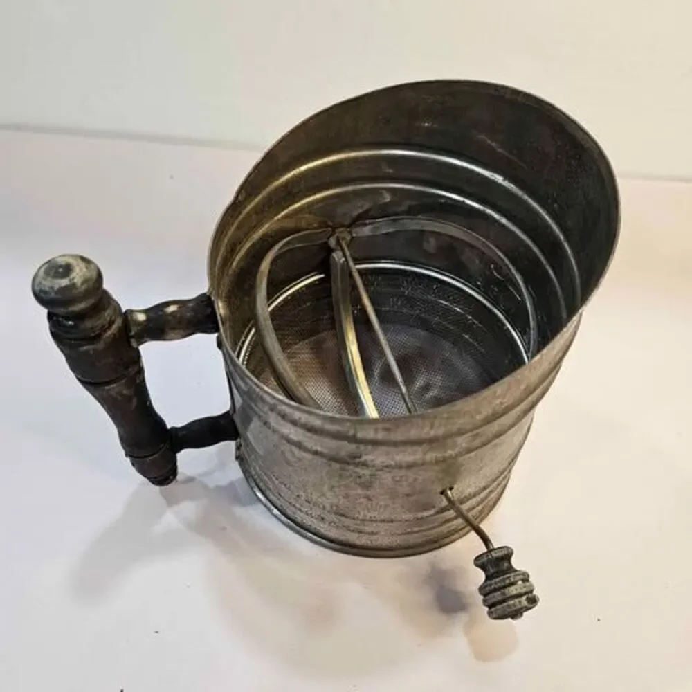 Vintage Metal Flour Sifter with Wooden Handle